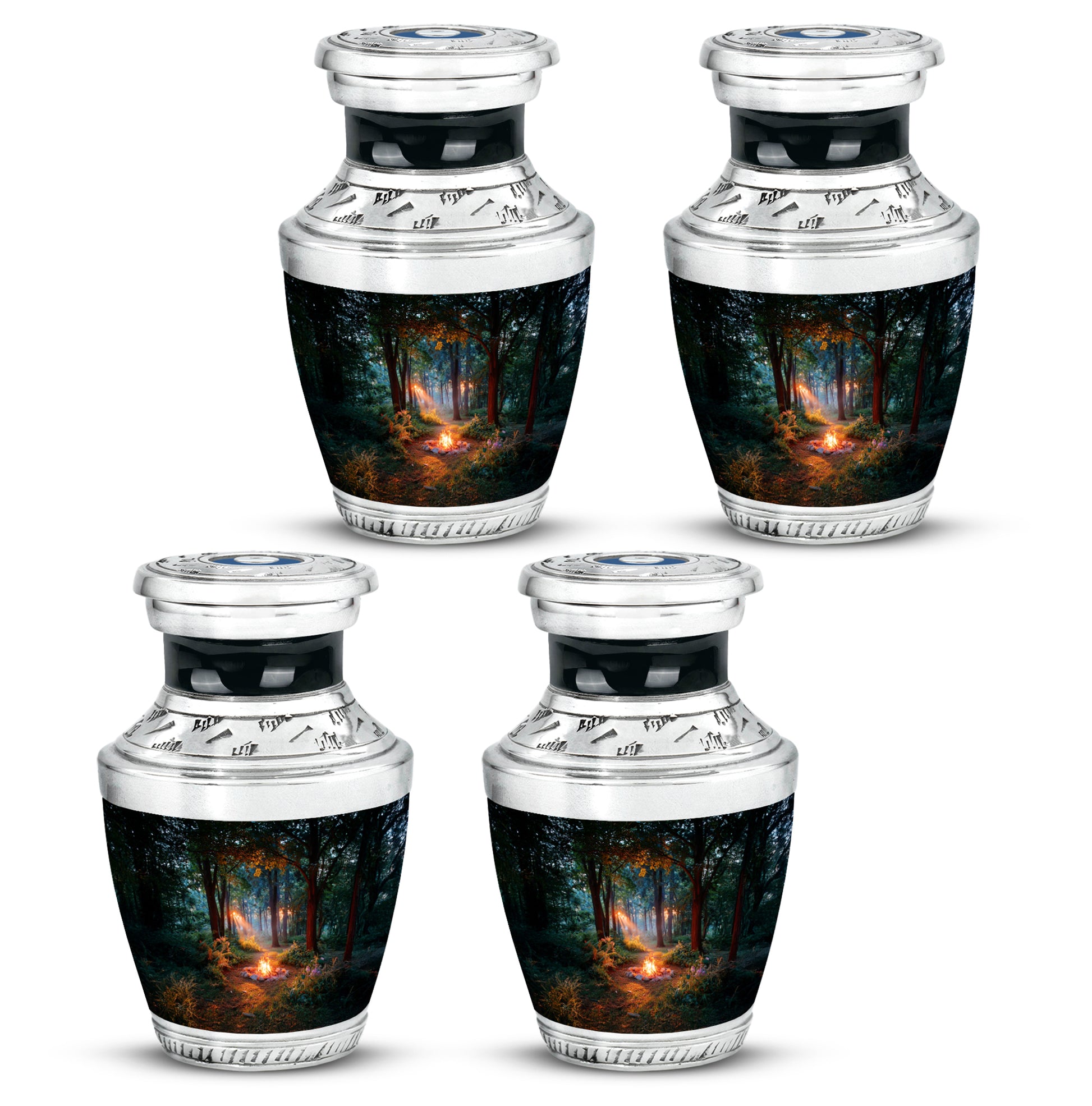 Dark Black Campfire Cremation Urn back view with polished surface - stylized abstract campfire pattern with bold lines - 10 inch aluminum urn for cremated remains