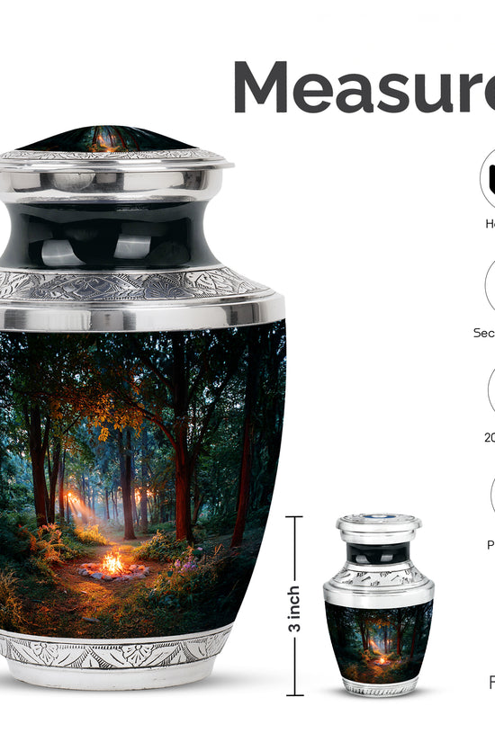Midnight Black Campfire Cremation Urn top-down view of secure threaded lid - artistic campfire interpretation with creative detail - mini keepsake memorial for portion of cremation ashes