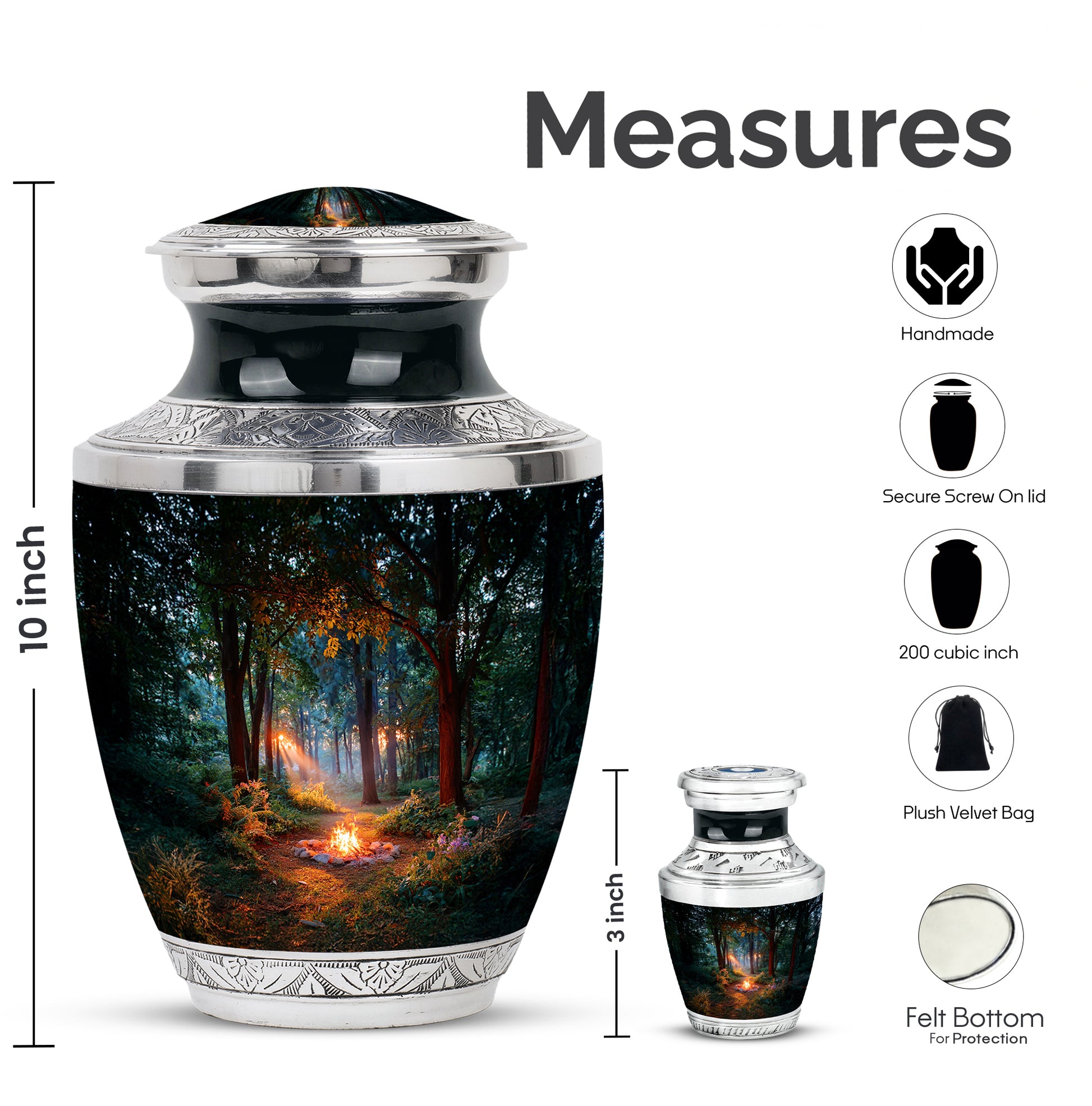 Midnight Black Campfire Cremation Urn top-down view of secure threaded lid - artistic campfire interpretation with creative detail - mini keepsake memorial for portion of cremation ashes