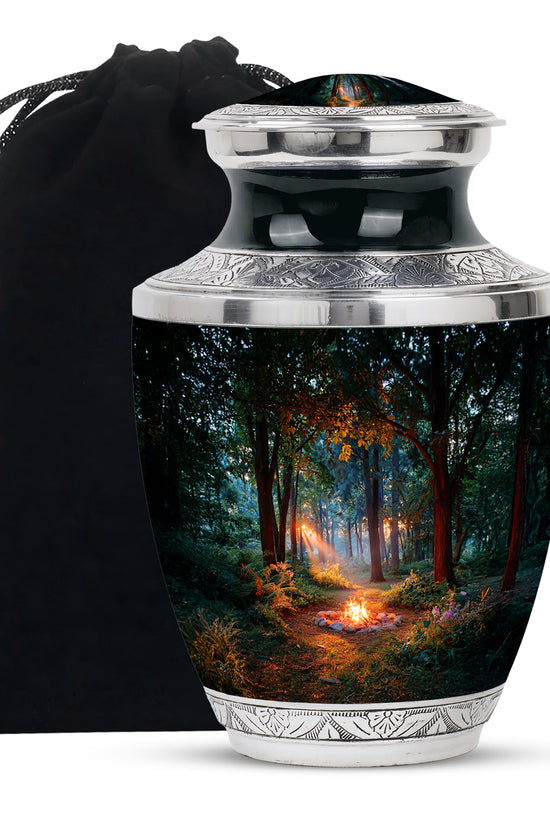 Dark Black Campfire Cremation Urn side profile showing urn shape - artistic campfire interpretation with creative detail - full-size 10 inch 200 cubic inch adult cremation urn