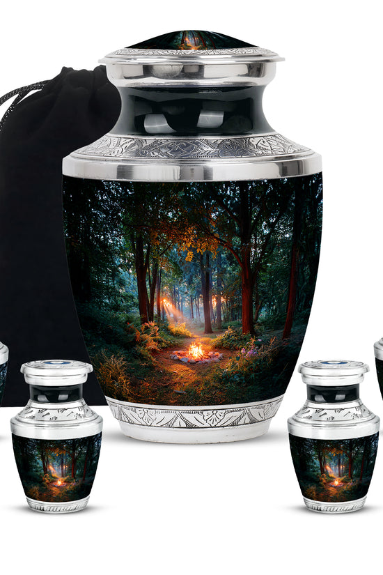 Dark Black Campfire Cremation Urn lifestyle display on memorial shelf - artistic campfire interpretation with creative detail - memorial set with one large and four small urns