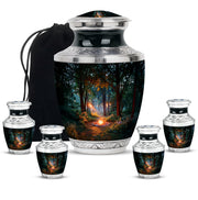 Dark Black Campfire Cremation Urn lifestyle display on memorial shelf - artistic campfire interpretation with creative detail - memorial set with one large and four small urns