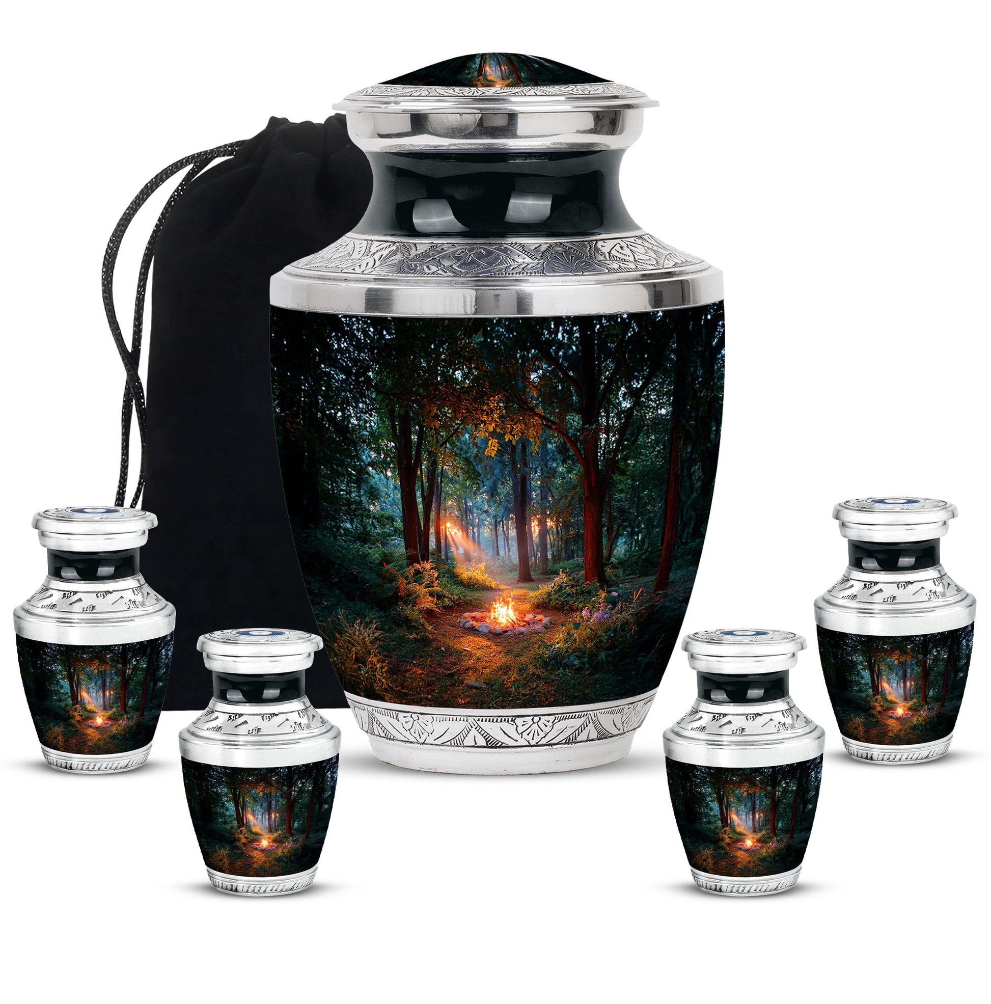 Dark Black Campfire Cremation Urn lifestyle display on memorial shelf - artistic campfire interpretation with creative detail - memorial set with one large and four small urns