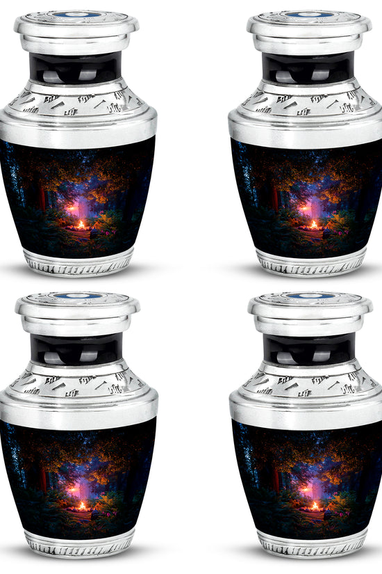Jet Black Campfire Cremation Urn back view with polished surface - contemporary campfire design with modern artistic flair - 10 inch aluminum urn for cremated remains