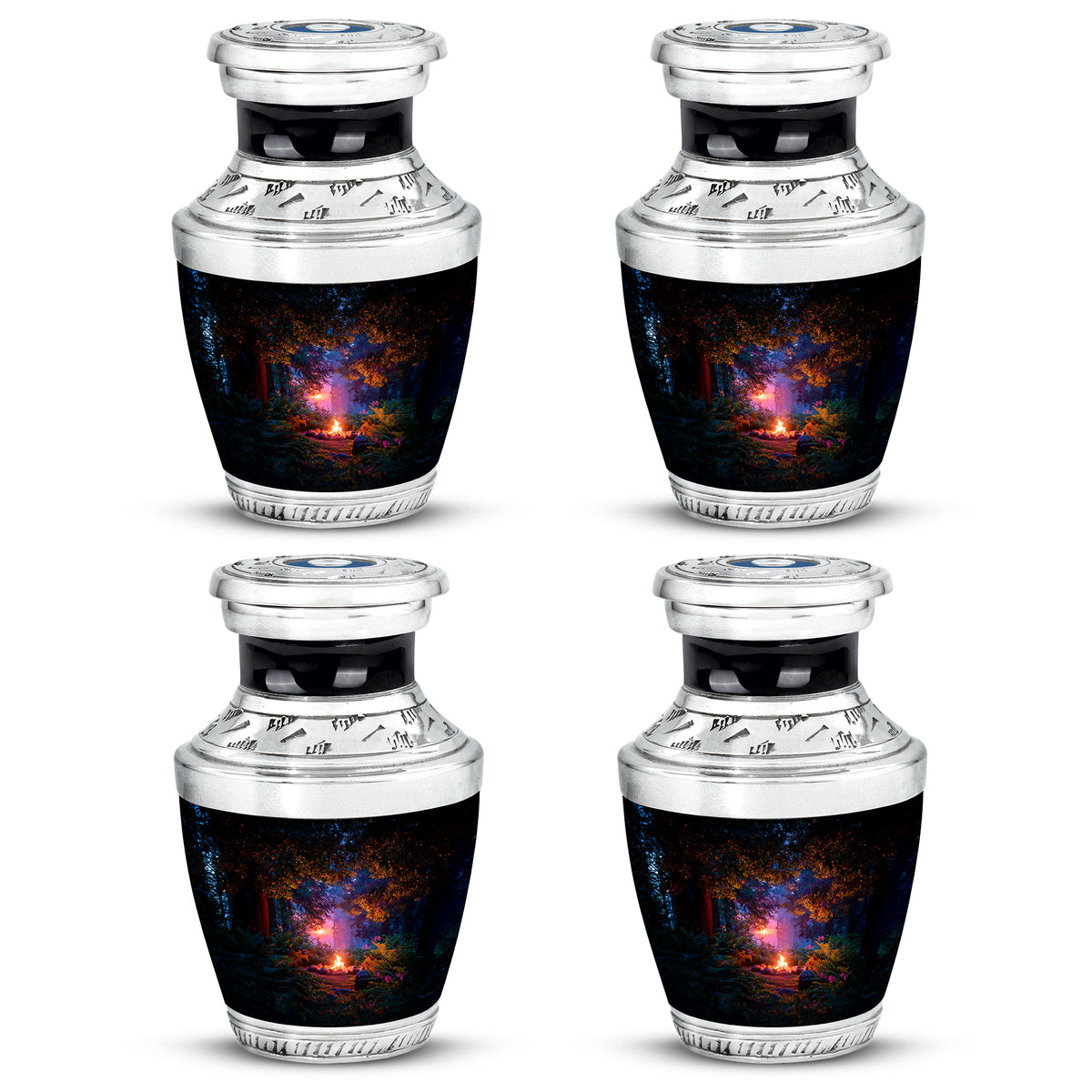 Jet Black Campfire Cremation Urn back view with polished surface - contemporary campfire design with modern artistic flair - 10 inch aluminum urn for cremated remains
