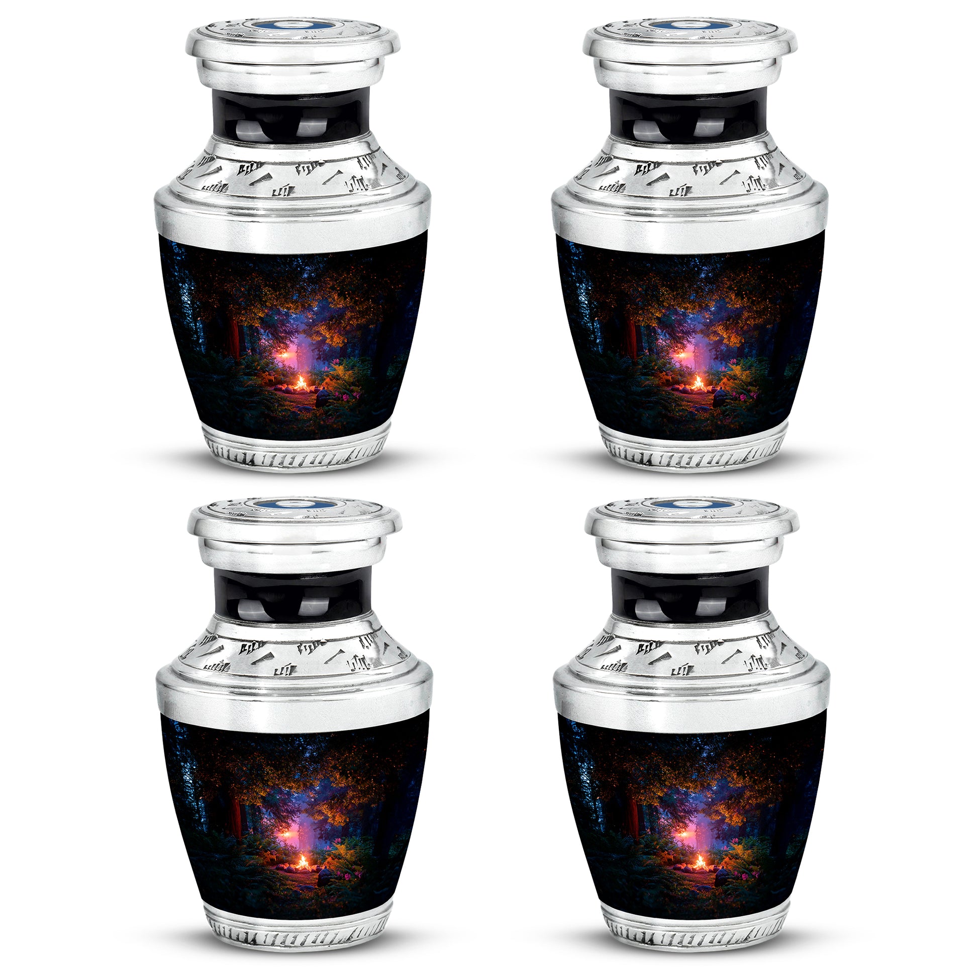 Jet Black Campfire Cremation Urn back view with polished surface - contemporary campfire design with modern artistic flair - 10 inch aluminum urn for cremated remains