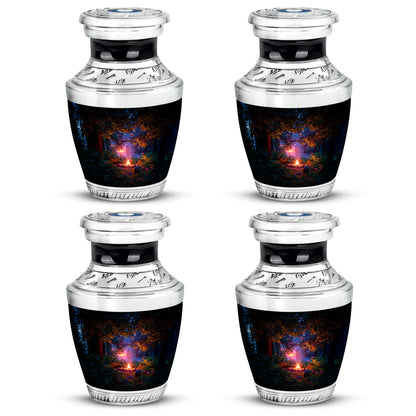 Jet Black Campfire Cremation Urn back view with polished surface - contemporary campfire design with modern artistic flair - 10 inch aluminum urn for cremated remains