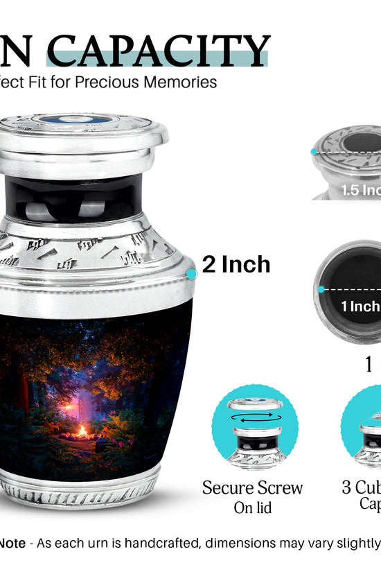 Rich Black Campfire Cremation Urn top-down view of secure threaded lid - contemporary campfire design with modern artistic flair - mini keepsake memorial for portion of cremation ashes