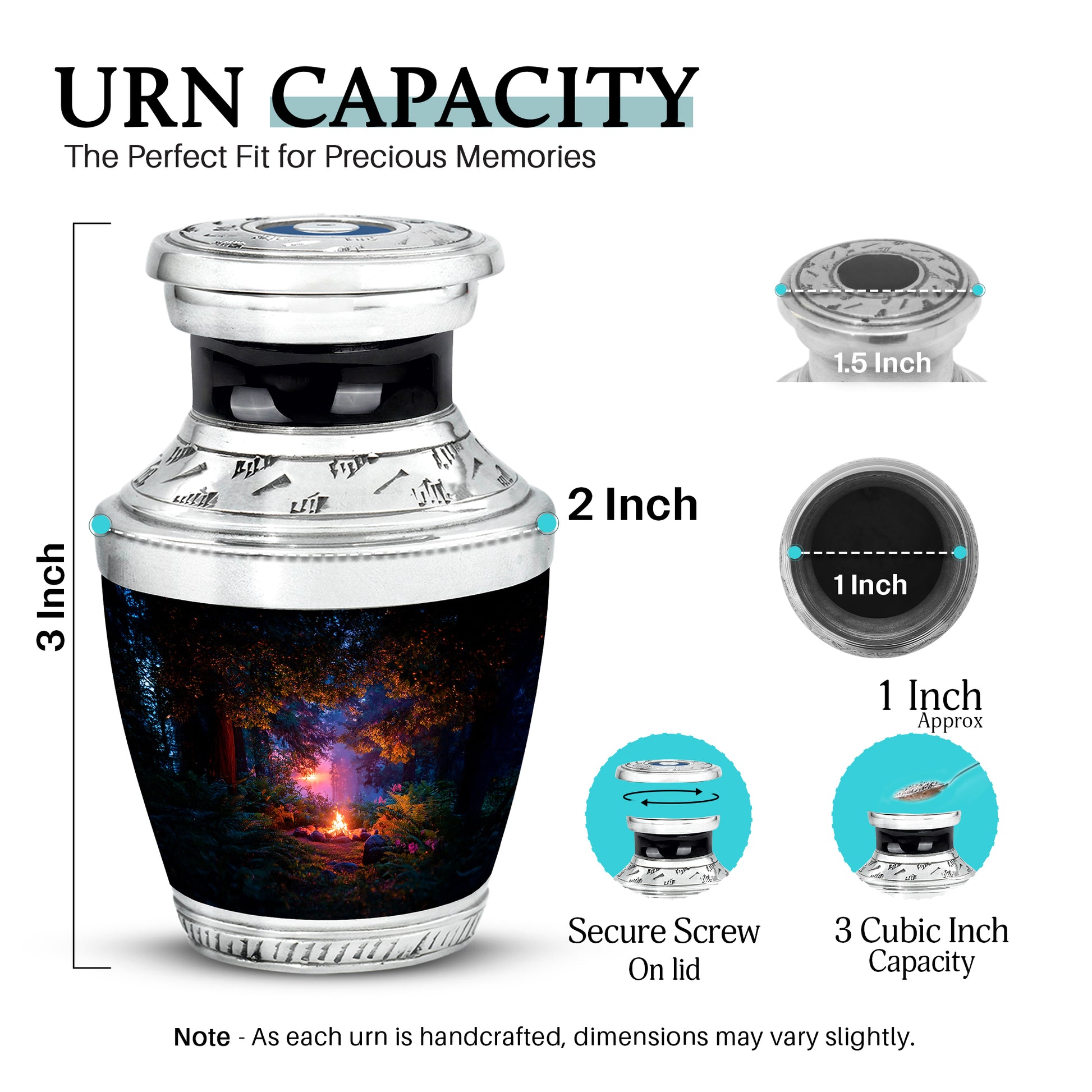 Rich Black Campfire Cremation Urn top-down view of secure threaded lid - contemporary campfire design with modern artistic flair - mini keepsake memorial for portion of cremation ashes