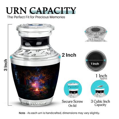 Rich Black Campfire Cremation Urn top-down view of secure threaded lid - contemporary campfire design with modern artistic flair - mini keepsake memorial for portion of cremation ashes