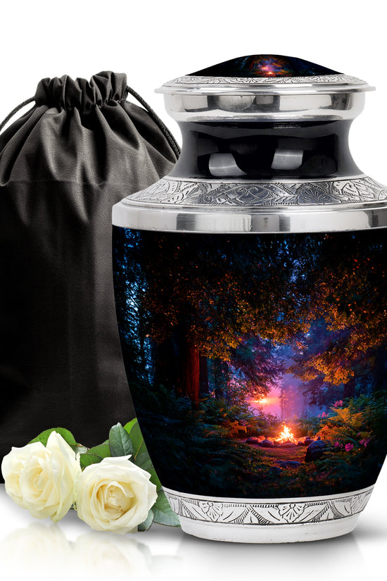 Onyx Black Campfire Cremation Urn side profile showing urn shape - stylized abstract campfire pattern with bold lines - full-size 10 inch 200 cubic inch adult cremation urn