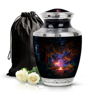 Onyx Black Campfire Cremation Urn side profile showing urn shape - stylized abstract campfire pattern with bold lines - full-size 10 inch 200 cubic inch adult cremation urn