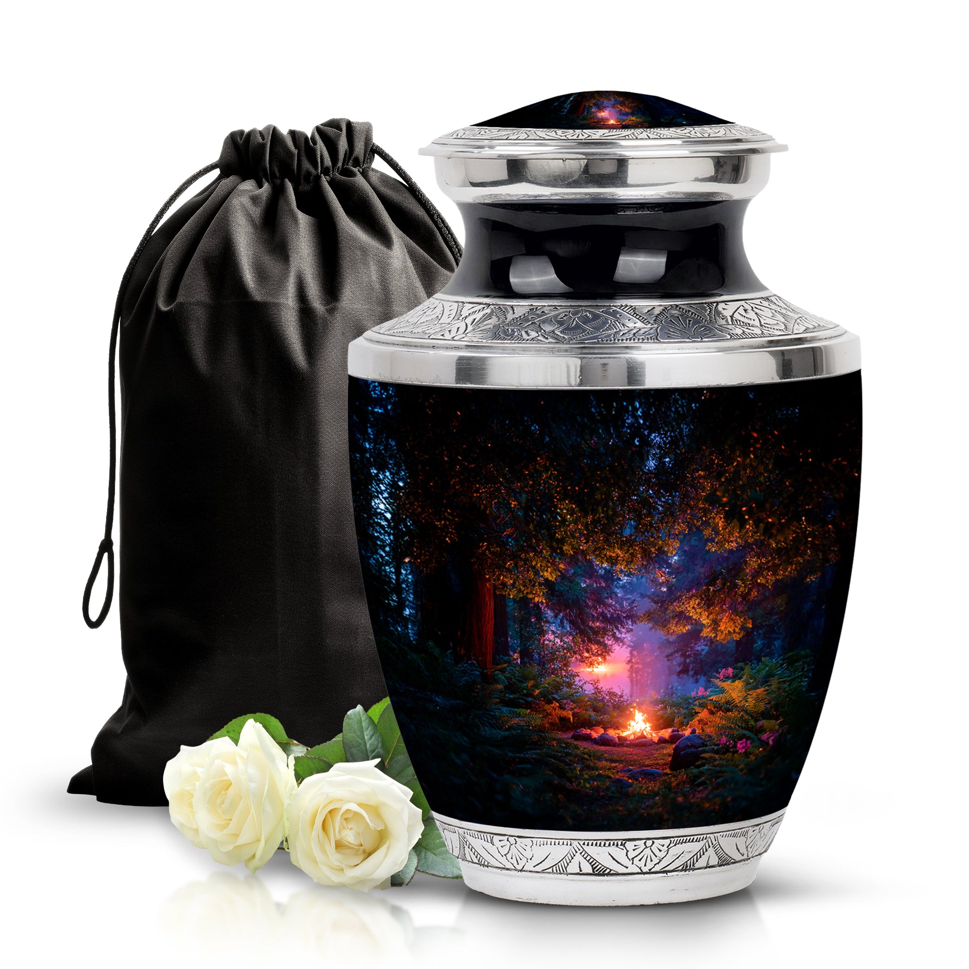 Onyx Black Campfire Cremation Urn side profile showing urn shape - stylized abstract campfire pattern with bold lines - full-size 10 inch 200 cubic inch adult cremation urn