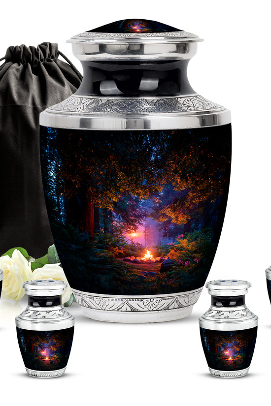 Midnight Black Campfire Cremation Urn lifestyle display on memorial shelf - stylized abstract campfire pattern with bold lines - memorial set with one large and four small urns