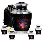 Midnight Black Campfire Cremation Urn lifestyle display on memorial shelf - stylized abstract campfire pattern with bold lines - memorial set with one large and four small urns