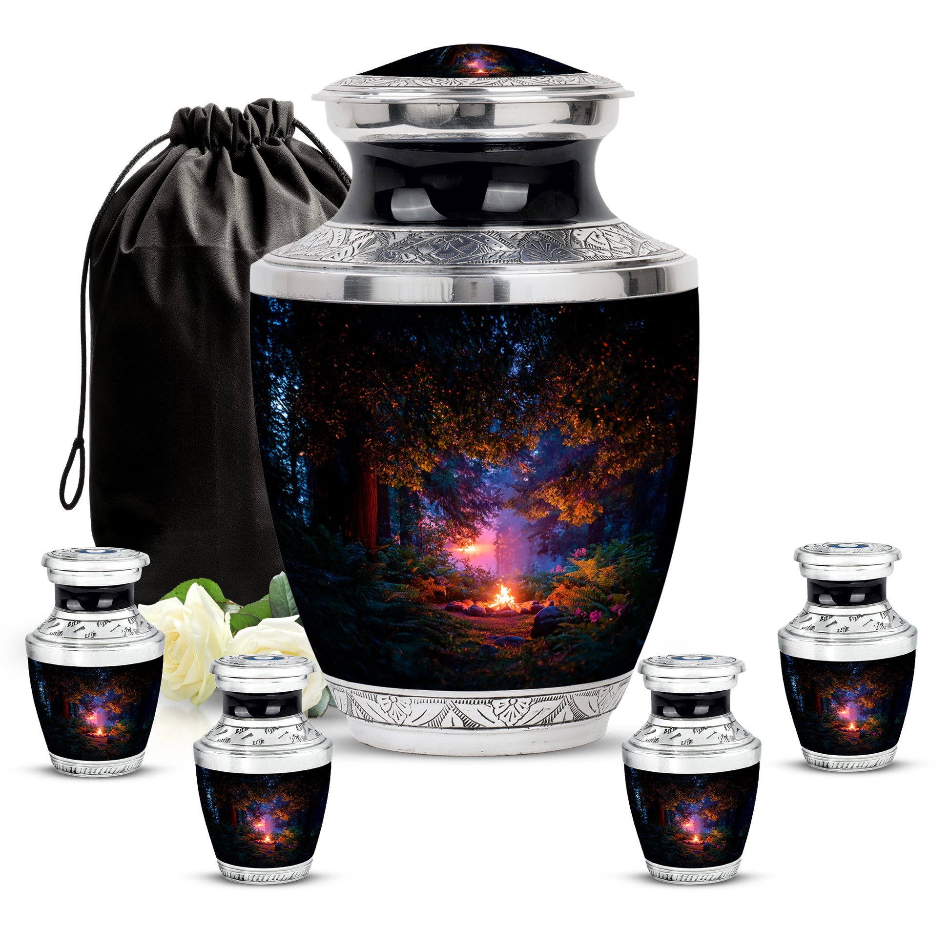 Midnight Black Campfire Cremation Urn lifestyle display on memorial shelf - stylized abstract campfire pattern with bold lines - memorial set with one large and four small urns