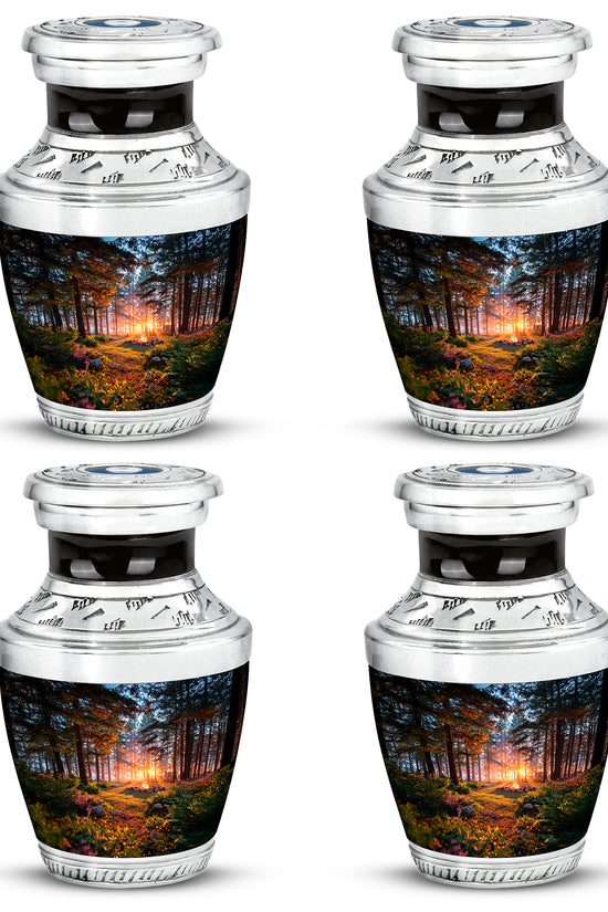 Dark Black Campfire Cremation Urn back view with polished surface - artistic campfire interpretation with creative detail - 10 inch aluminum urn for cremated remains