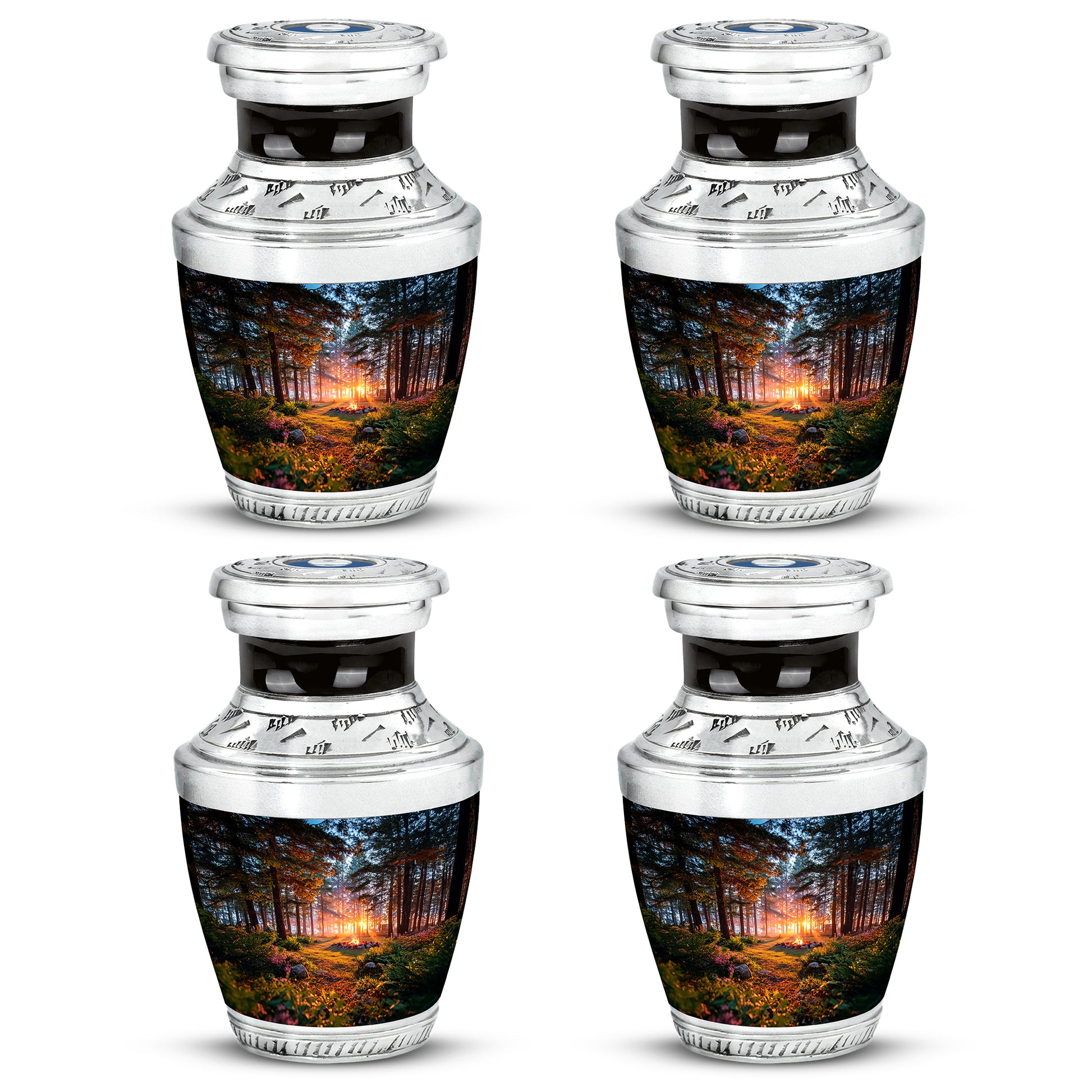 Dark Black Campfire Cremation Urn back view with polished surface - artistic campfire interpretation with creative detail - 10 inch aluminum urn for cremated remains