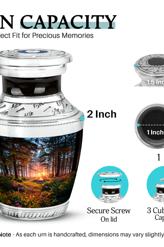 Deep Black Campfire Cremation Urn top-down view of secure threaded lid - modern art-inspired campfire motif on sleek aluminum - mini keepsake memorial for portion of cremation ashes