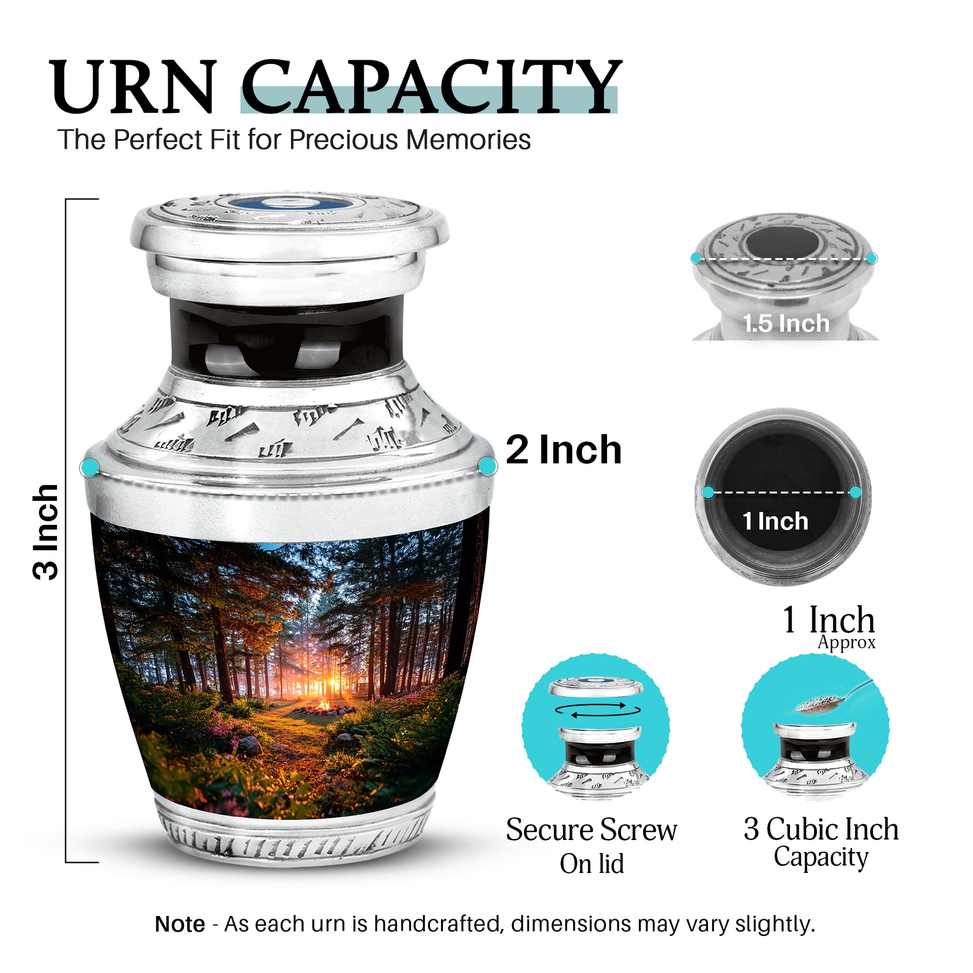 Deep Black Campfire Cremation Urn top-down view of secure threaded lid - modern art-inspired campfire motif on sleek aluminum - mini keepsake memorial for portion of cremation ashes