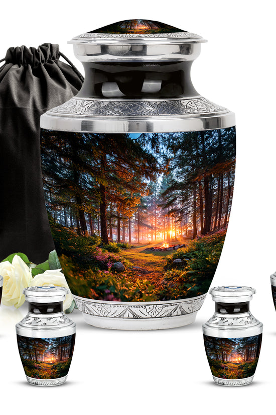 Glossy Black Campfire Cremation Urn lifestyle display on memorial shelf - contemporary campfire design with modern artistic flair - memorial set with one large and four small urns