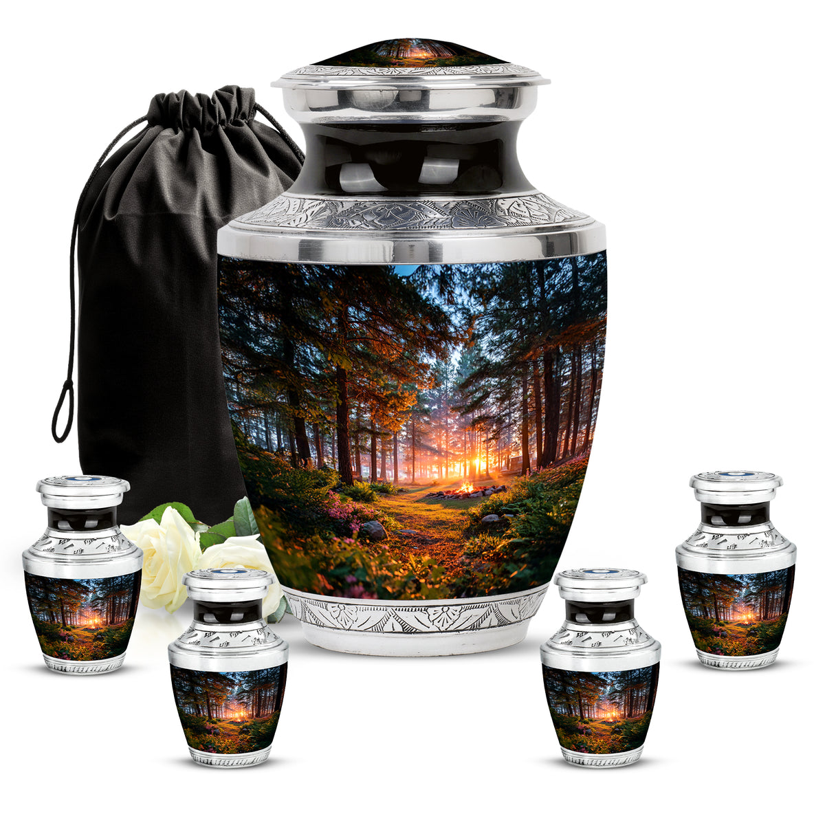 Glossy Black Campfire Cremation Urn lifestyle display on memorial shelf - contemporary campfire design with modern artistic flair - memorial set with one large and four small urns