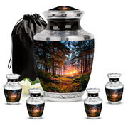 Glossy Black Campfire Cremation Urn lifestyle display on memorial shelf - contemporary campfire design with modern artistic flair - memorial set with one large and four small urns
