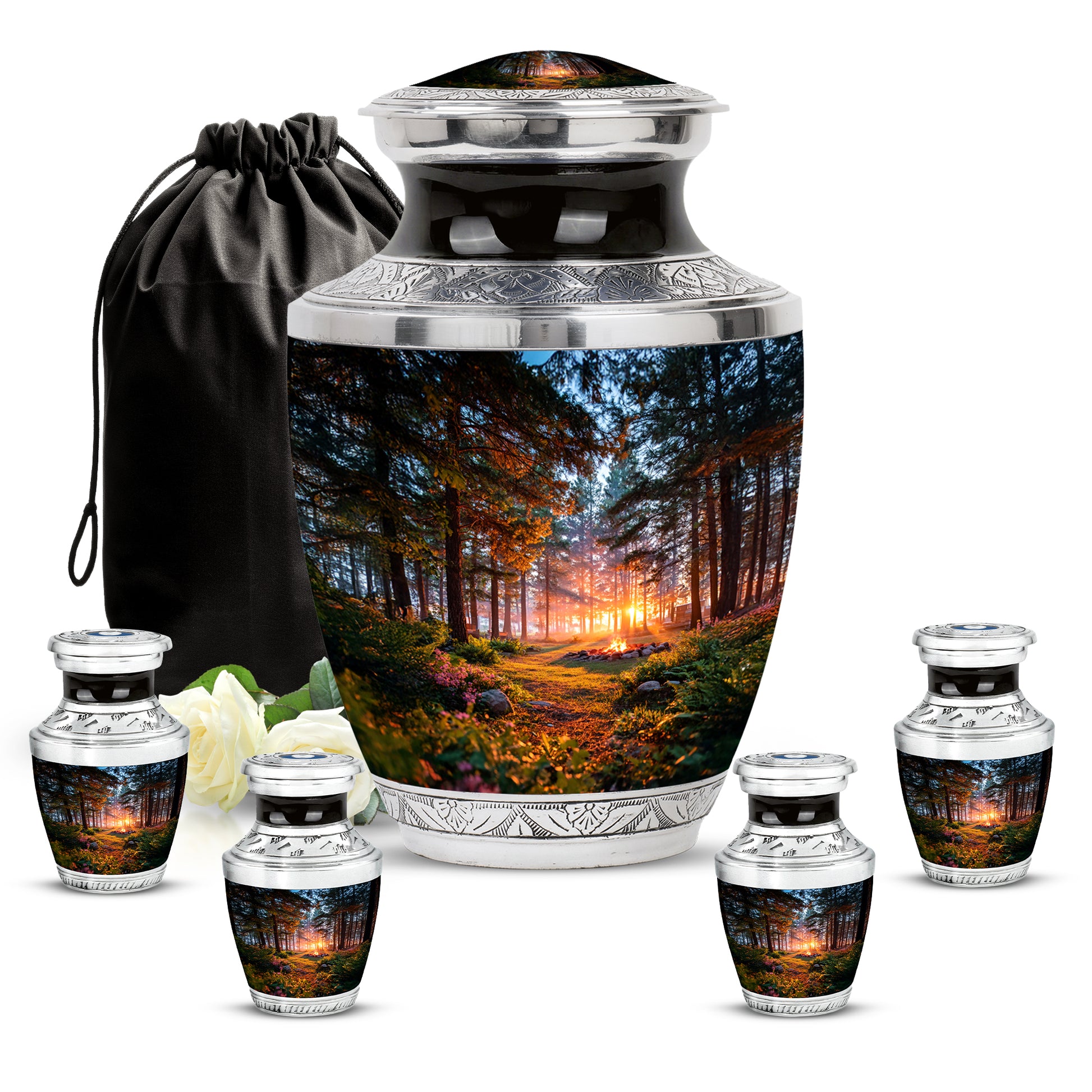 Glossy Black Campfire Cremation Urn lifestyle display on memorial shelf - contemporary campfire design with modern artistic flair - memorial set with one large and four small urns