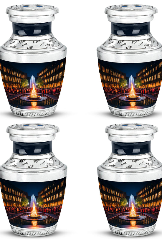 Rich Black Campfire Cremation Urn back view with polished surface - modern art-inspired campfire motif on sleek aluminum - 10 inch aluminum urn for cremated remains