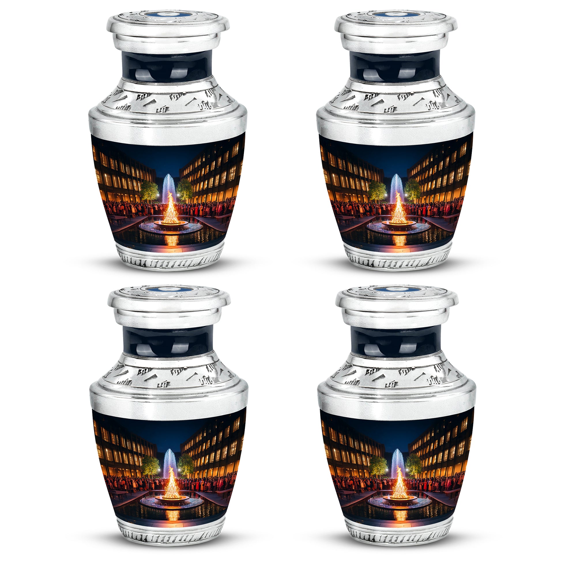 Rich Black Campfire Cremation Urn back view with polished surface - modern art-inspired campfire motif on sleek aluminum - 10 inch aluminum urn for cremated remains