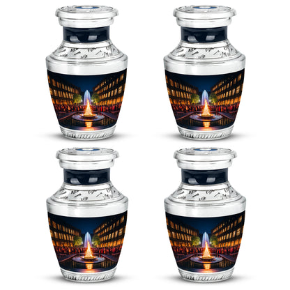 Rich Black Campfire Cremation Urn back view with polished surface - modern art-inspired campfire motif on sleek aluminum - 10 inch aluminum urn for cremated remains
