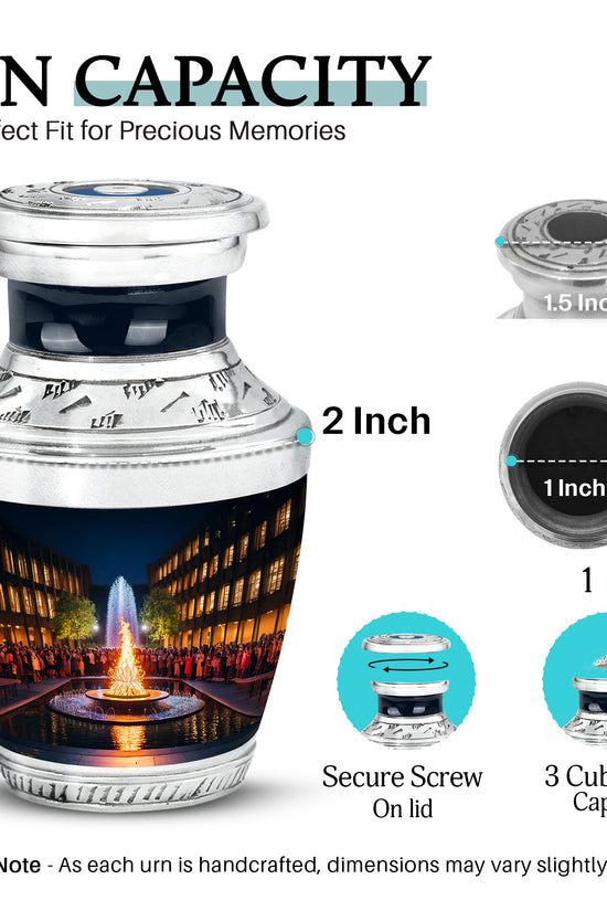 Dark Black Campfire Cremation Urn top-down view of secure threaded lid - artistic campfire interpretation with creative detail - mini keepsake memorial for portion of cremation ashes
