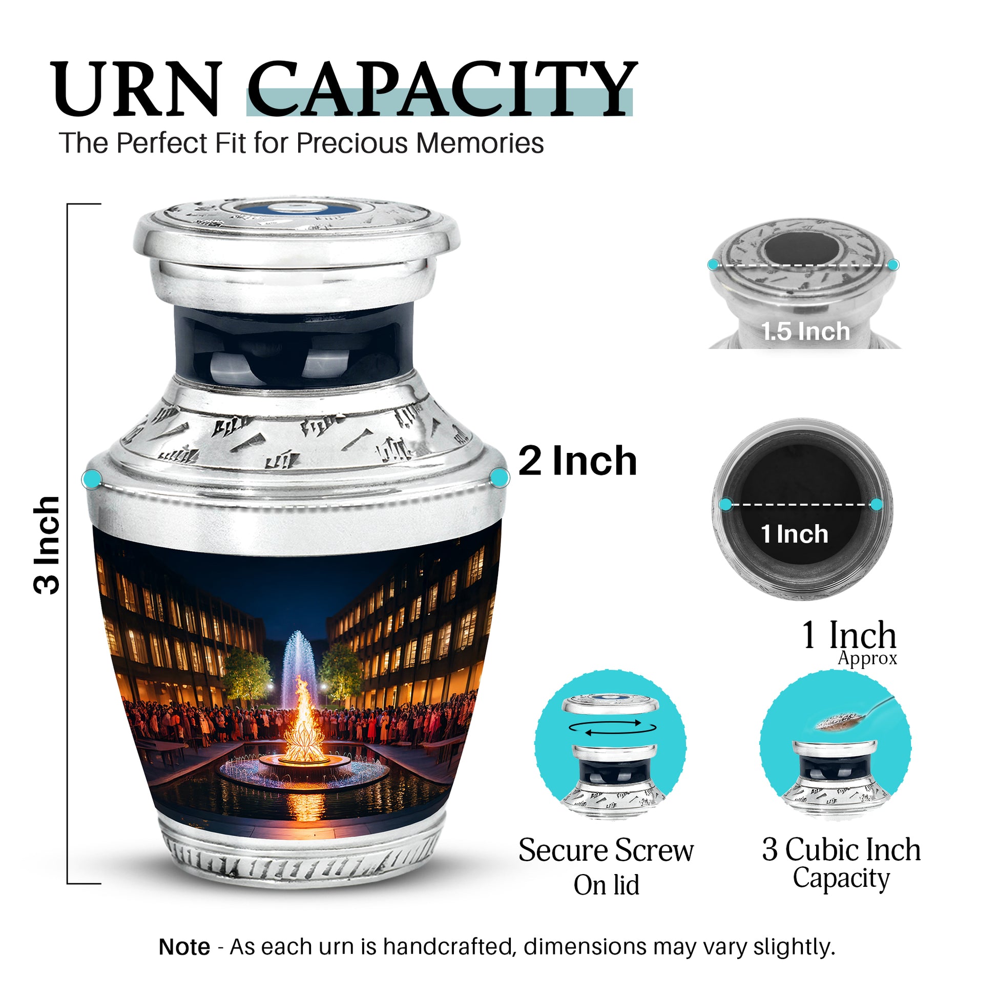 Dark Black Campfire Cremation Urn top-down view of secure threaded lid - artistic campfire interpretation with creative detail - mini keepsake memorial for portion of cremation ashes