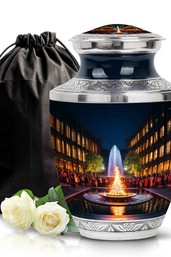 Deep Black Campfire Cremation Urn side profile showing urn shape - modern art-inspired campfire motif on sleek aluminum - full-size 10 inch 200 cubic inch adult cremation urn