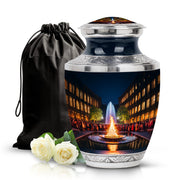 Deep Black Campfire Cremation Urn side profile showing urn shape - modern art-inspired campfire motif on sleek aluminum - full-size 10 inch 200 cubic inch adult cremation urn