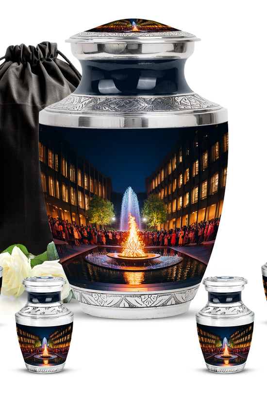 Deep Black Campfire Cremation Urn lifestyle display on memorial shelf - contemporary campfire design with modern artistic flair - memorial set with one large and four small urns
