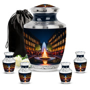 Deep Black Campfire Cremation Urn lifestyle display on memorial shelf - contemporary campfire design with modern artistic flair - memorial set with one large and four small urns