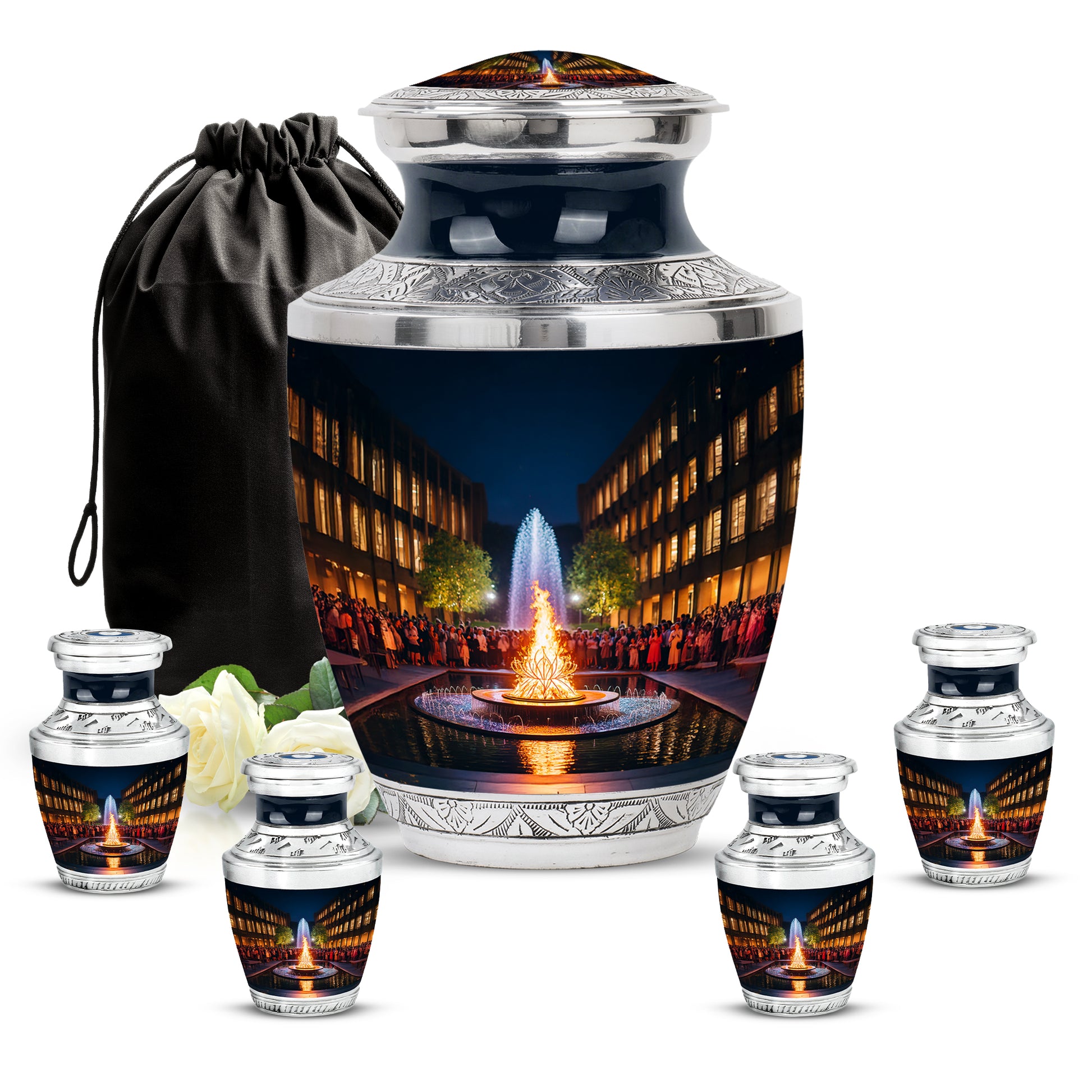 Deep Black Campfire Cremation Urn lifestyle display on memorial shelf - contemporary campfire design with modern artistic flair - memorial set with one large and four small urns