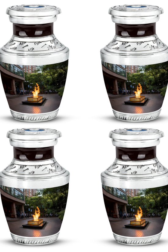 Charcoal Black Campfire Cremation Urn back view with polished surface - stylized abstract campfire pattern with bold lines - 10 inch aluminum urn for cremated remains