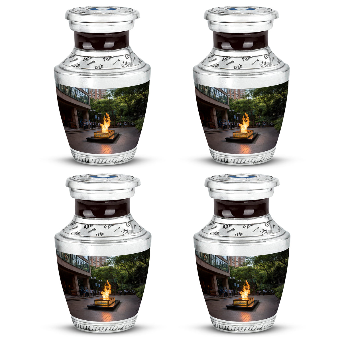 Charcoal Black Campfire Cremation Urn back view with polished surface - stylized abstract campfire pattern with bold lines - 10 inch aluminum urn for cremated remains