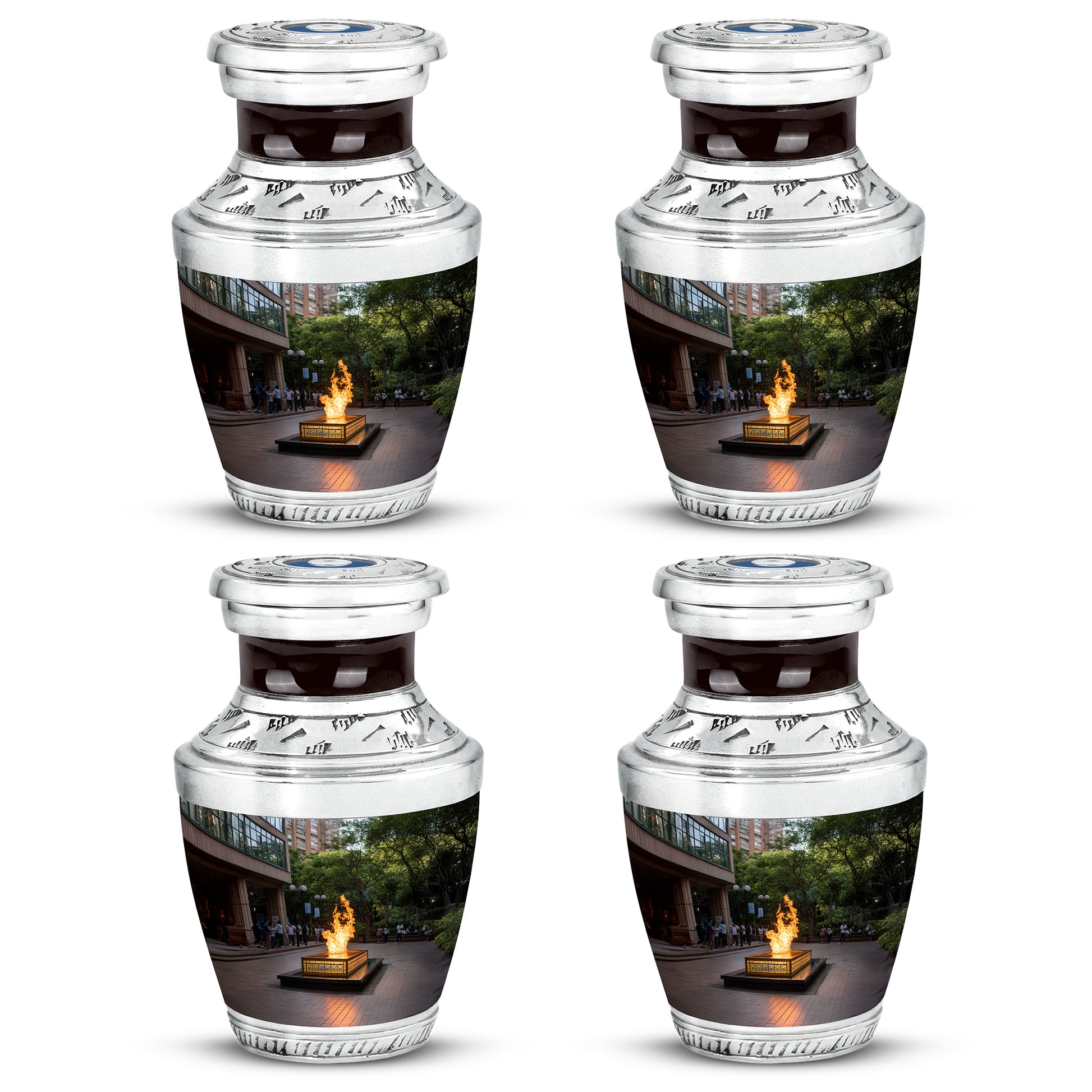 Charcoal Black Campfire Cremation Urn back view with polished surface - stylized abstract campfire pattern with bold lines - 10 inch aluminum urn for cremated remains