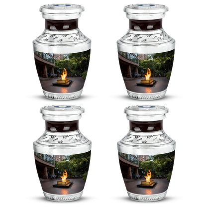 Charcoal Black Campfire Cremation Urn back view with polished surface - stylized abstract campfire pattern with bold lines - 10 inch aluminum urn for cremated remains