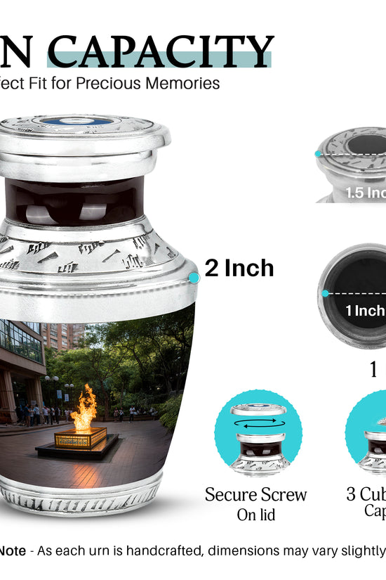 Glossy Black Campfire Cremation Urn top-down view of secure threaded lid - modern art-inspired campfire motif on sleek aluminum - mini keepsake memorial for portion of cremation ashes