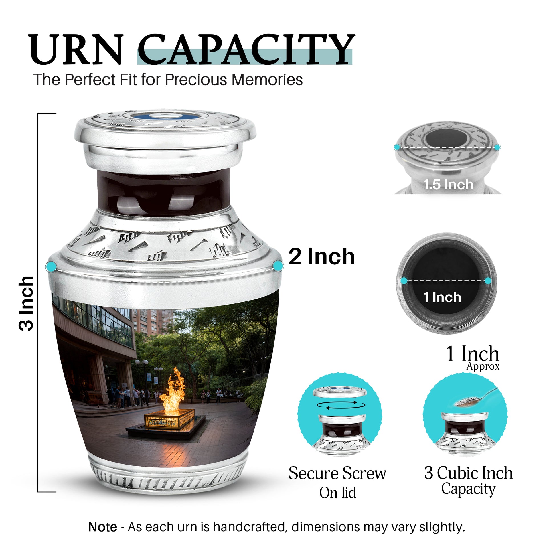 Glossy Black Campfire Cremation Urn top-down view of secure threaded lid - modern art-inspired campfire motif on sleek aluminum - mini keepsake memorial for portion of cremation ashes