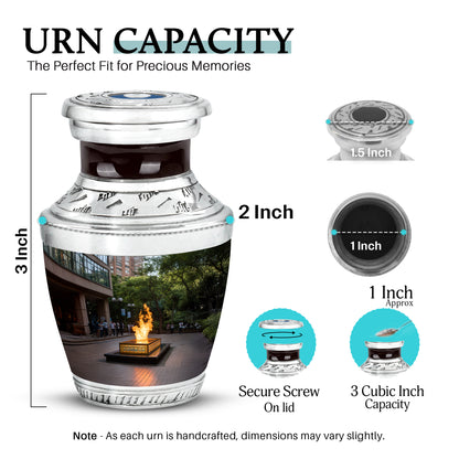 Glossy Black Campfire Cremation Urn top-down view of secure threaded lid - modern art-inspired campfire motif on sleek aluminum - mini keepsake memorial for portion of cremation ashes