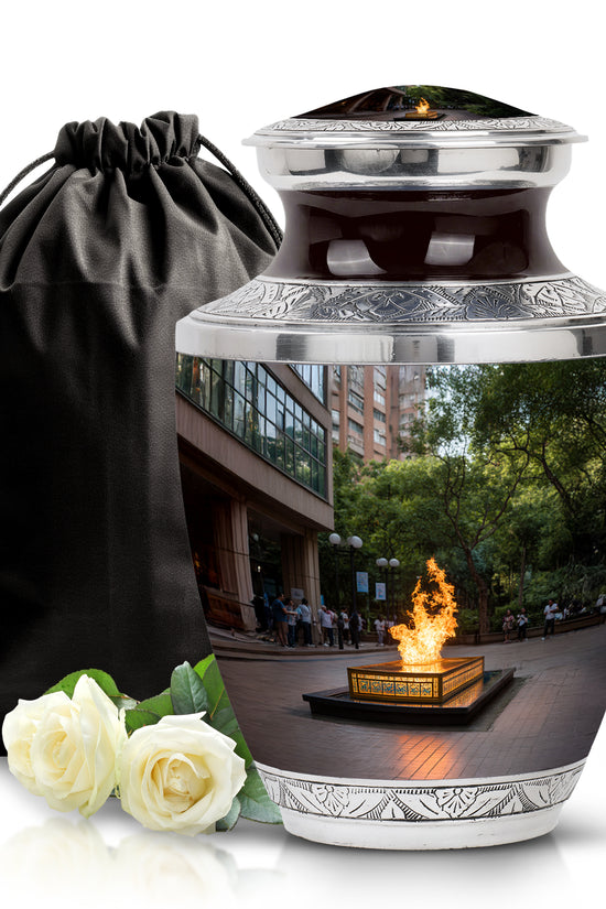 Midnight Black Campfire Cremation Urn side profile showing urn shape - artistic campfire interpretation with creative detail - full-size 10 inch 200 cubic inch adult cremation urn