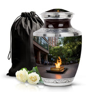 Midnight Black Campfire Cremation Urn side profile showing urn shape - artistic campfire interpretation with creative detail - full-size 10 inch 200 cubic inch adult cremation urn