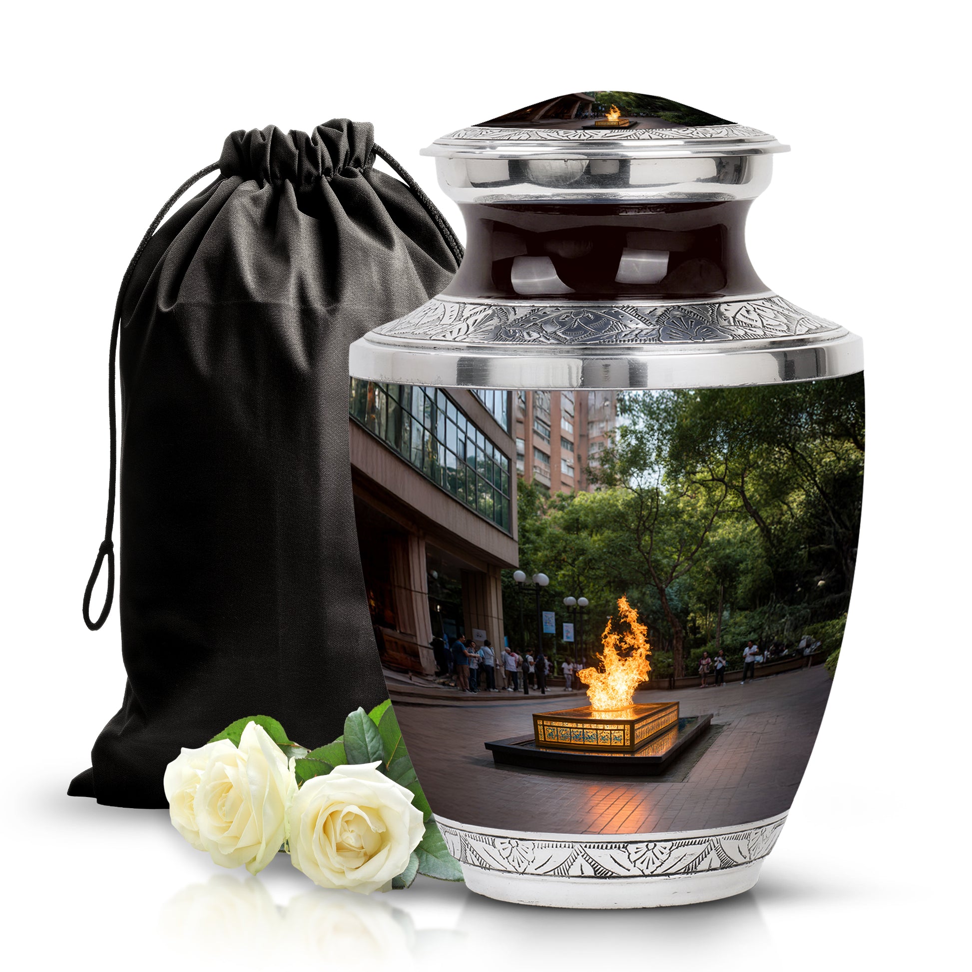Midnight Black Campfire Cremation Urn side profile showing urn shape - artistic campfire interpretation with creative detail - full-size 10 inch 200 cubic inch adult cremation urn