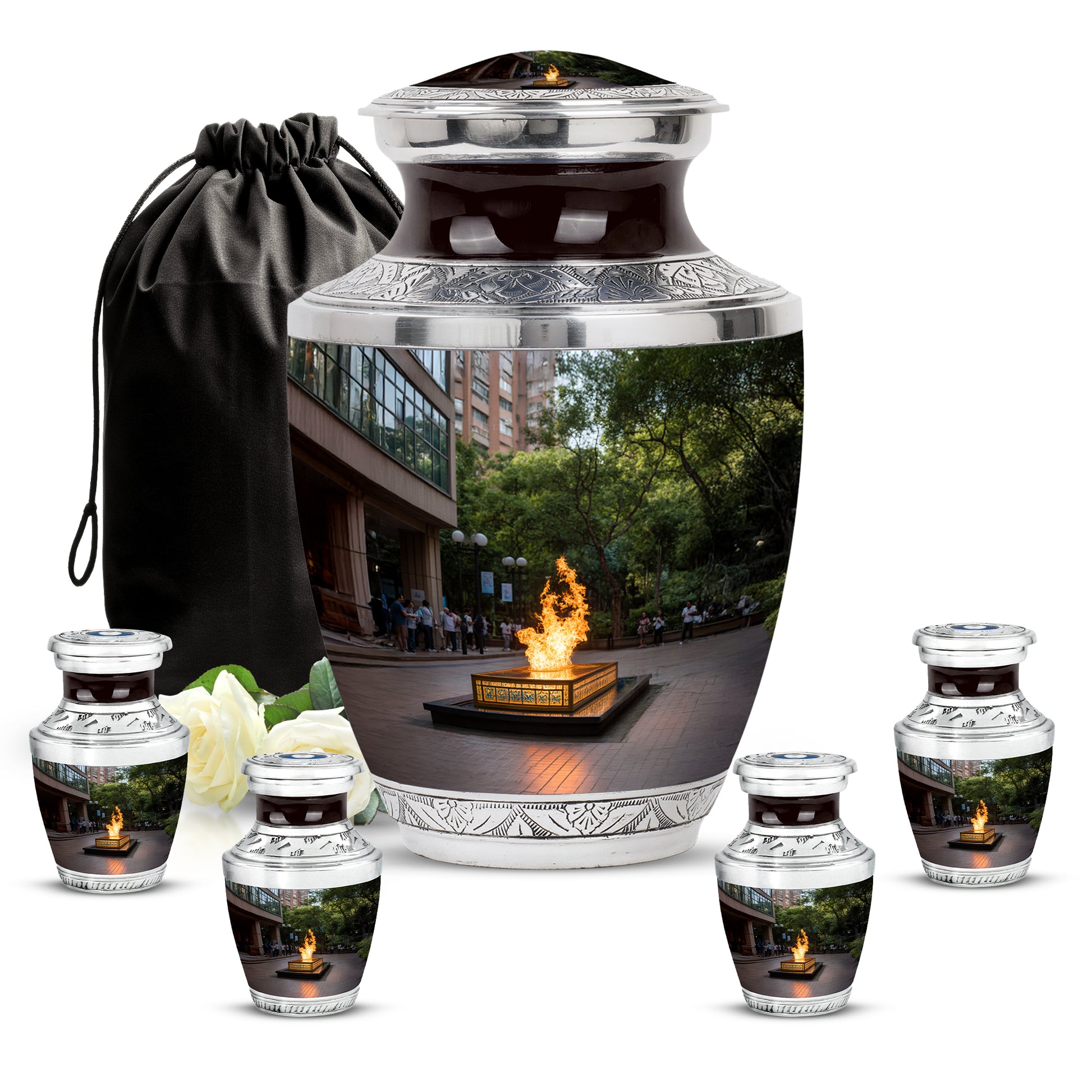 Midnight Black Campfire Cremation Urn lifestyle display on memorial shelf - stylized abstract campfire pattern with bold lines - memorial set with one large and four small urns