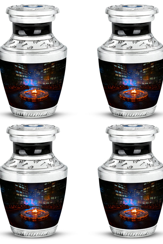 Midnight Black Campfire Cremation Urn back view with polished surface - stylized abstract campfire pattern with bold lines - 10 inch aluminum urn for cremated remains